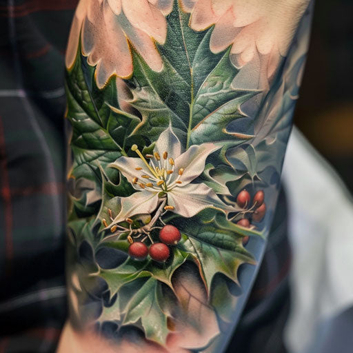 Hyper-realistic portrait of a Holly flower tattoo, incredibly detailed