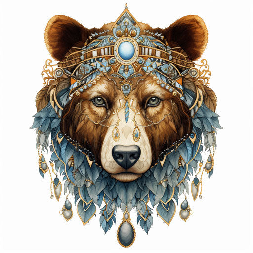Bear with head ornaments, graphic style, white background