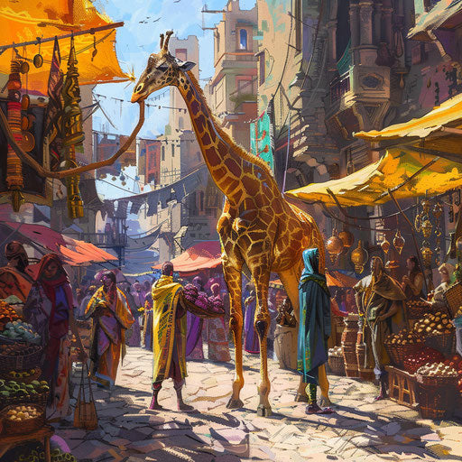 A lively market in a world where giraffes and humans trade