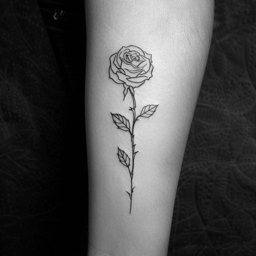 Minimalist flat tattoo sketch of a single rose with a delicate stem and thorns