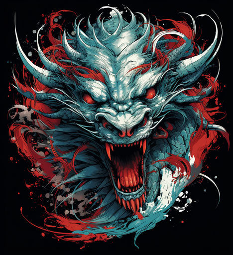 Chinese dragon with black hair, dragon head tattoo