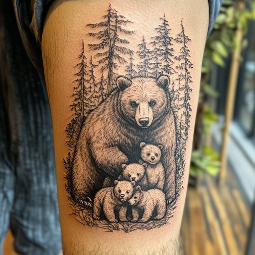 Family tattoos for men, a bear protecting its cubs in a forest