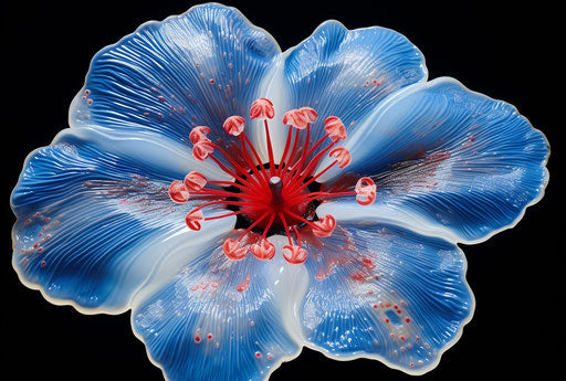Blue flower with red eyes, shibori style, hyperrealistic illustrations