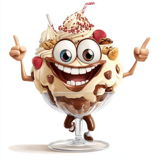 Humorous caricature of an ice cream sundae with exaggerated human characteristics