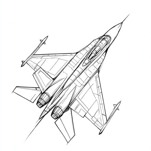 Fighter jet in a minimalist setting, Ruben Ireland style, striking and artistic coloring page