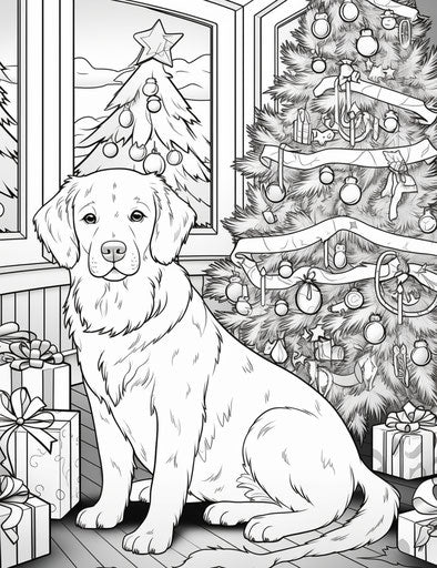 Christmas coloring with dog near tree, whimsical cat style