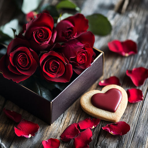 Red roses in elegant box with heart-shaped cookie on wooden table