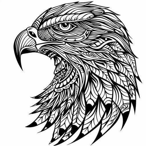 Tribal eagle design with abstract patterns and lines, coloring book page