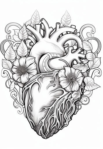 The heart in black and white coloring, in the style of exaggerated anatomy, cottagepunk #screenshotsaturday, hand-coloring