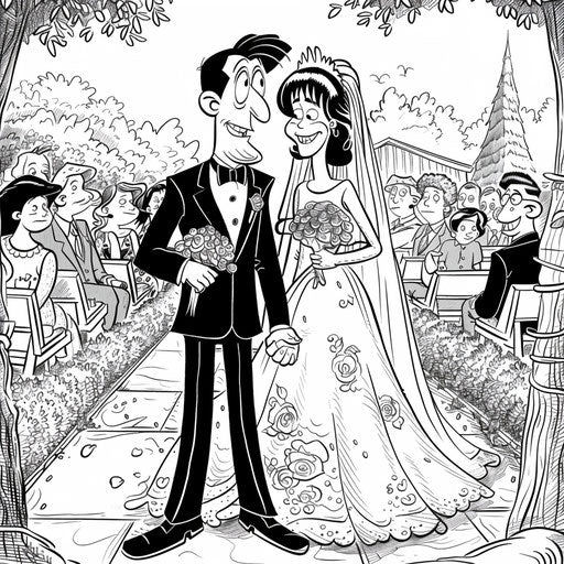 A satirical wedding in a political cartoon setting in the style of Walt Handelsman, Coloring book page