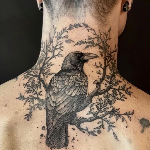 Gothic raven back neck tattoo, Gerald Brom style