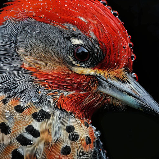 Woodpecker with dewdrops on feathers close-up