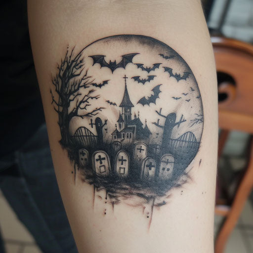 Spooky Halloween night tattoo with bats flying over a cemetery, in black and gray, on a bright white background.
