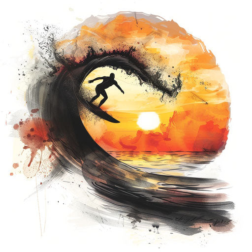 Dynamic tattoo sketch of a surfer catching a huge wave at sunset