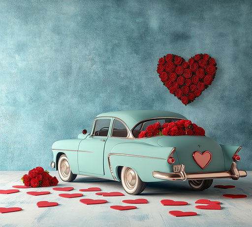 Vintage car with heart-shaped windows and red roses