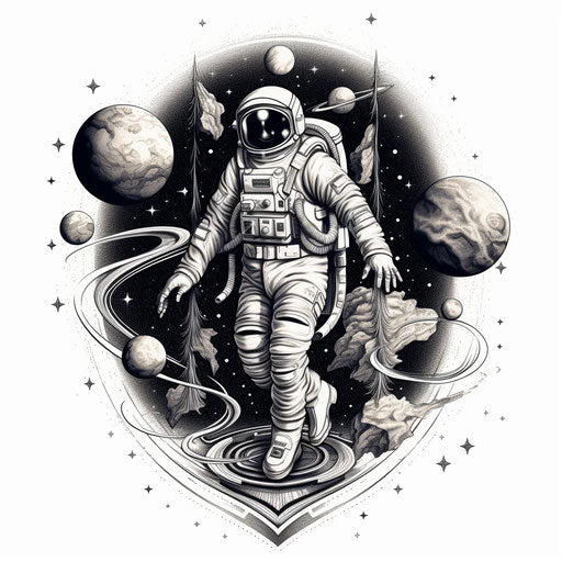 Black and white drawing of space man with spaceship
