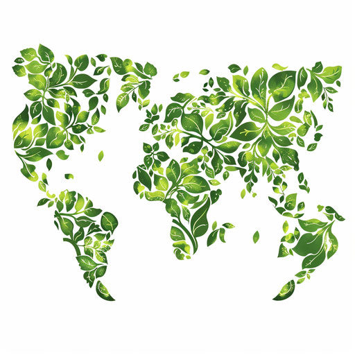 Eco-friendly map logo with green leaf patterns and continents
