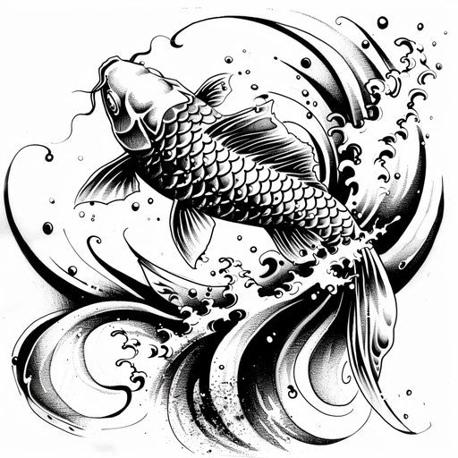 Tattoo sketch of a koi fish swimming upstream, with water splashes and waves, in clipart style, flat black ink