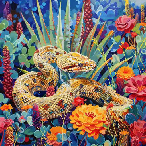 Rattlesnake among vibrant desert flora, colorful and lively