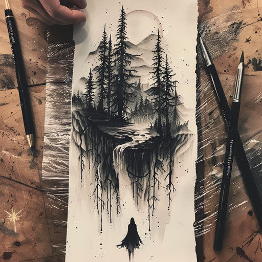Nature-inspired flat tattoo sketch of a vampire emerging from a misty forest