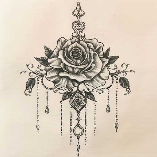 Tranquil flat tattoo sketch of a gypsy rose in a peaceful garden