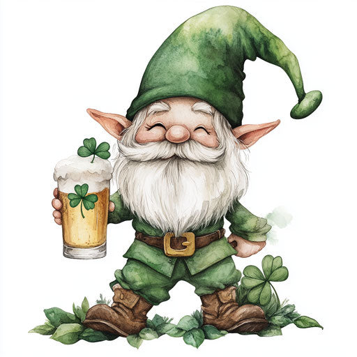 St. Patrick's Day, a cute gnome with a beer and a clover leaf, wearing a green hat