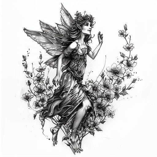 Floral fairy tattoo design surrounded by a garden of wildflowers