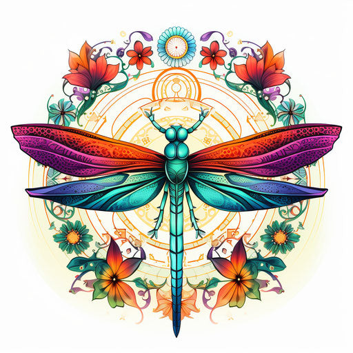 Dragonfly in patterns, mandala, bangle, colored mandala frame doodle on white background illustration