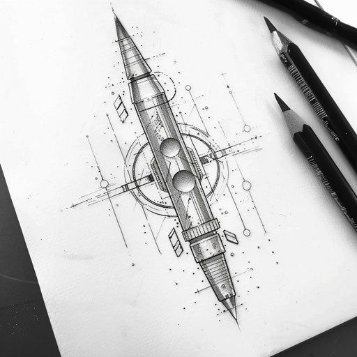 Contemporary flat tattoo sketch of a bullet with minimalist geometric elements