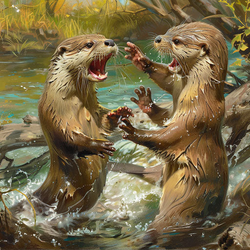 Playful scuffle among otter siblings on lush riverbank