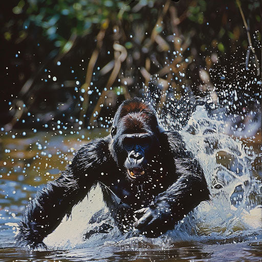 Joyful gorilla leaping in jungle river
