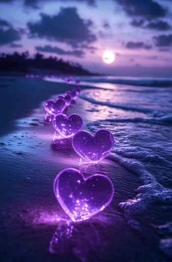 Glowing purple hearts on the beach at night, moon and stars
