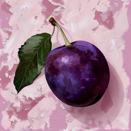 Plum illustration in photorealistic style with flat random background, metallic sheen and realistic textures