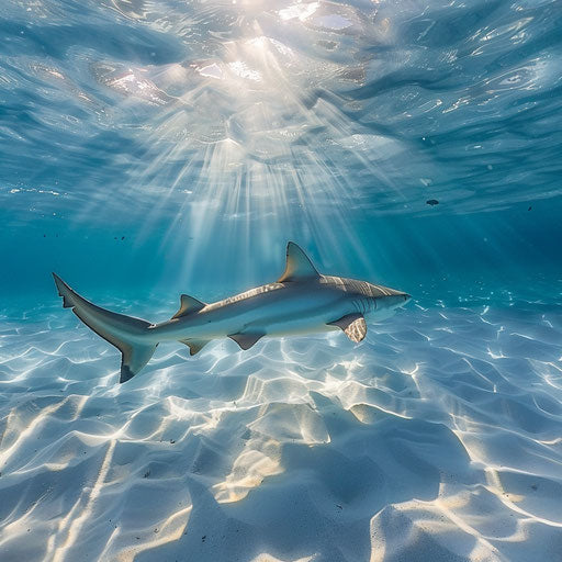 Bull shark in crystal-clear waters with sunbeams