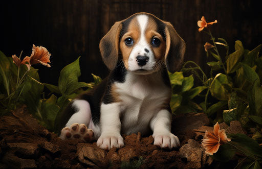 Beagle puppy sitting on grass near plantings