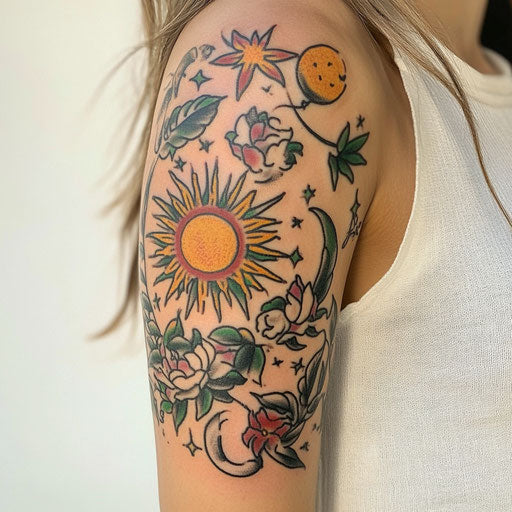 American traditional sleeve tattoo with celestial sun and moon