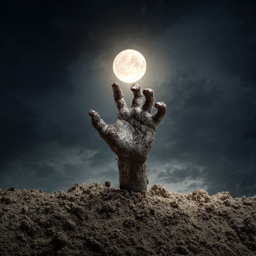 Eerie Hand Rising from a Grave Under Moonlight