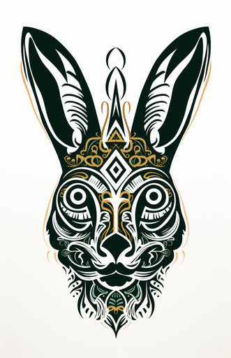Black rabbit with gold tipped ears on green background