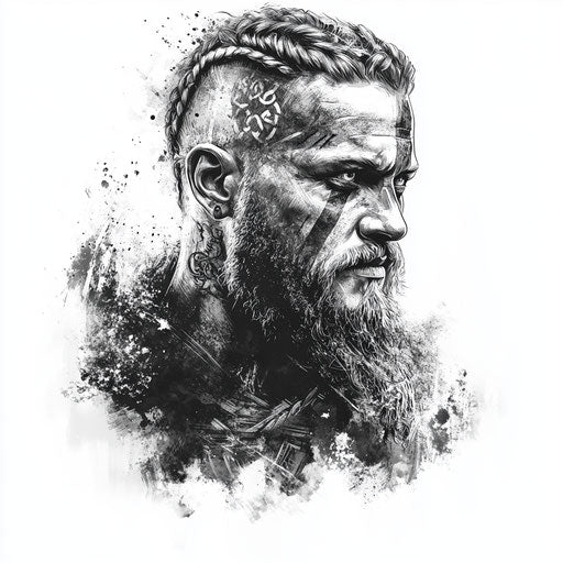 Beautiful flat tattoo sketch viking sleeve with fierce warrior portrait in grayscale