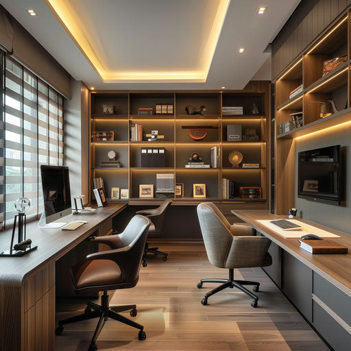 Home office for two with shared desk and personalized accessories