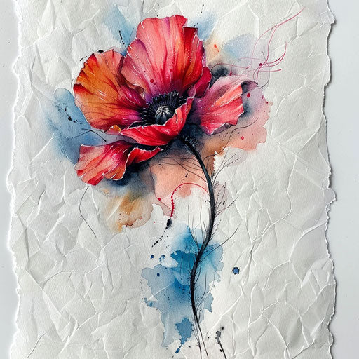 Watercolor poppy tattoo draft, flowing colors, dreamy appearance
