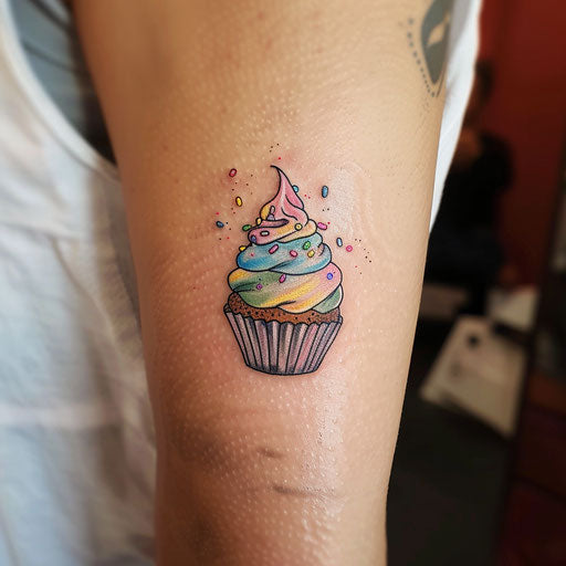 Whimsical single needle tattoo sketch of a cupcake with pastel frosting and sprinkles
