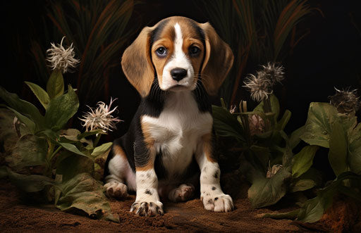 Beagle puppy sitting on grass near plantings