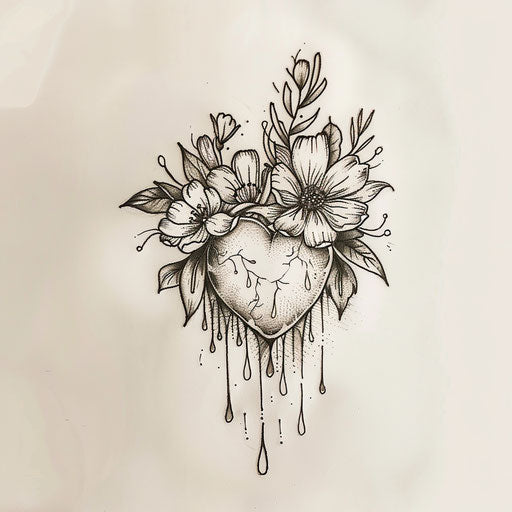 Nature-inspired flat tattoo sketch of a crying heart with flowers