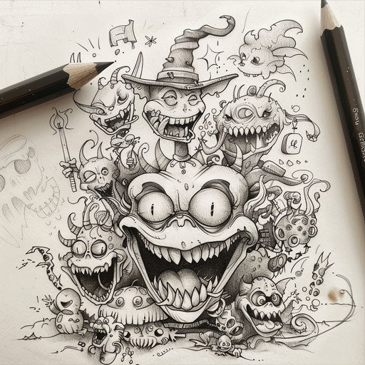 Whimsical flat tattoo sketch of a lighthearted take on hell with quirky demons