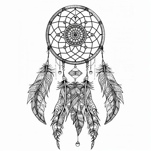 Dream catcher with intricate designs and feathers. Coloring page