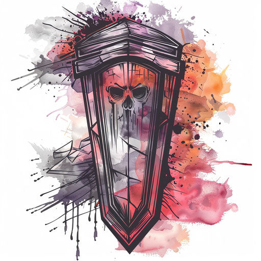Artistic coffin sketch with watercolor splashes