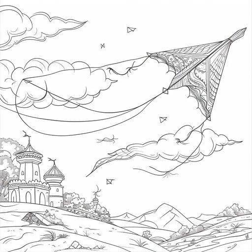 A kite flying high with a long tail. Coloring book page