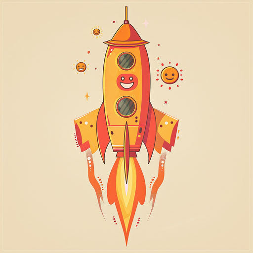 Cheerful flat tattoo sketch of a rocket with smiley faces on its wings, joyful orange and yellow clipart design