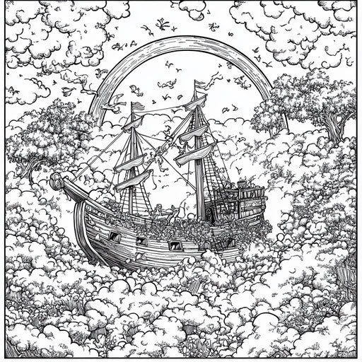 Noah's Ark with a rainbow in the background, Gennady Spirin style, coloring page